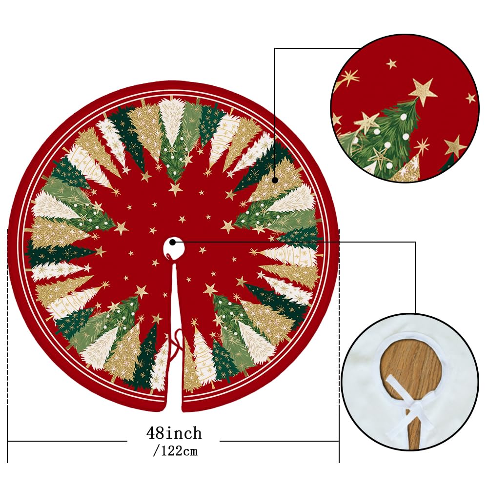 CROWNED BEAUTY Christmas Tree Skirt Collar 48 Inch Xmas Pine Trees Soft Farmhouse Holiday Decoration (Red & Green) CROWNED BEAUTY
