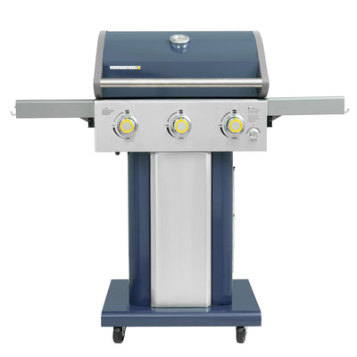 Permasteel 3-Burner Propane Gas Grill, 30,000 BTUs BBQ Grill with Cast Iron Grates, Foldable Side Tables & Tool Hooks, Outdoor Grill, Azure