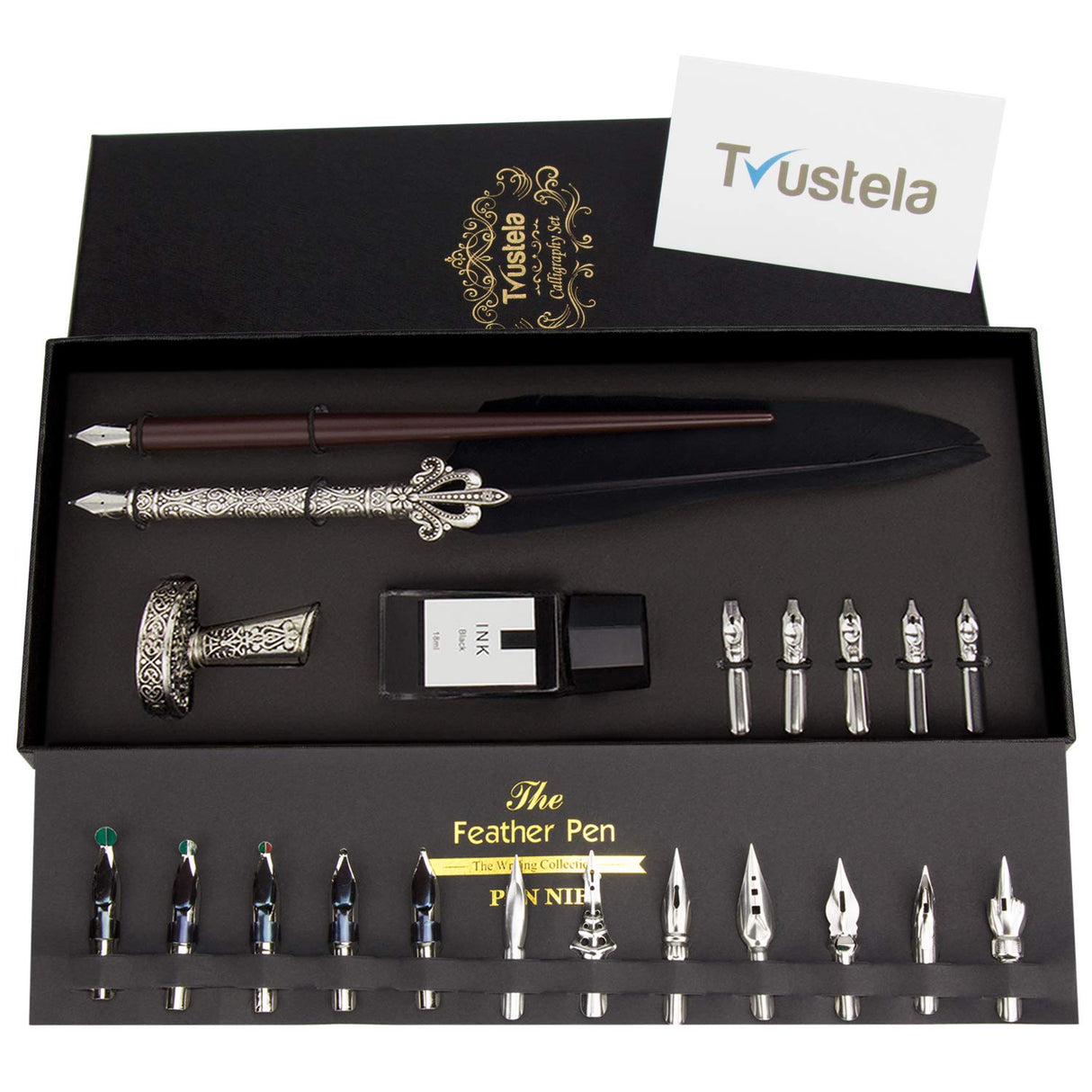 Trustela Calligraphy Set for Beginners, Wooden Dip Pen, Feather Quill, 19 Nibs, Ink Set, Gift Box Trustela