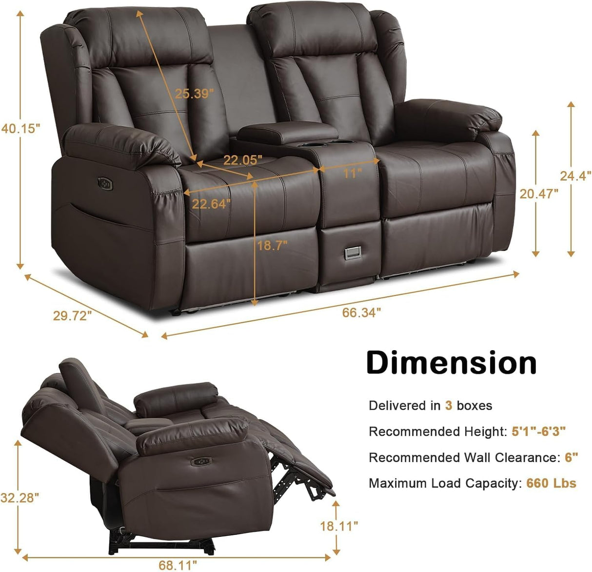 Power Loveseat Recliner Sofa, Home Theater Seating with Console,Reclining Loveseat Sofa RV Couch with LED Lights, Cup Holders, USB, Drawer, Faux Leather for Living Room WISHDEER