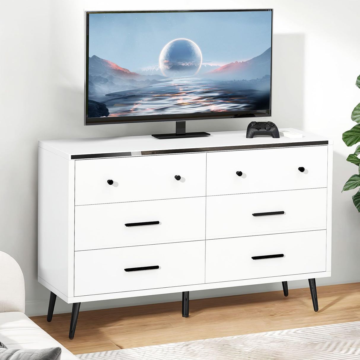 YITAHOME White Dresser TV Stand for 55 Inch TV/6 Drawer Dresser Entertainment Center/Console Table with Metal Handles & Anti-Tipping Device for Living Room YITAHOME