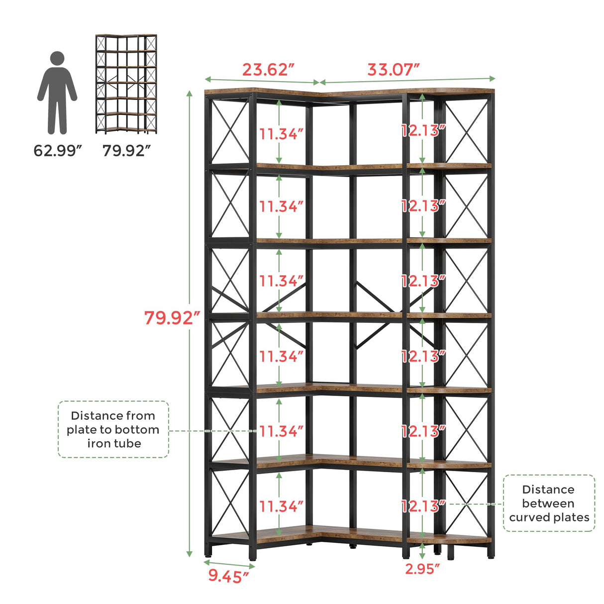 Condemo 7-Shelf Reversible Corner Bookshelf, Modern Industrial Tall Bookcase, 7-Tier Large L-Shaped Storage Shelf Display Rack with Metal Frame for Living Room, Home Office, Bedroom, Rustic Brown Condemo