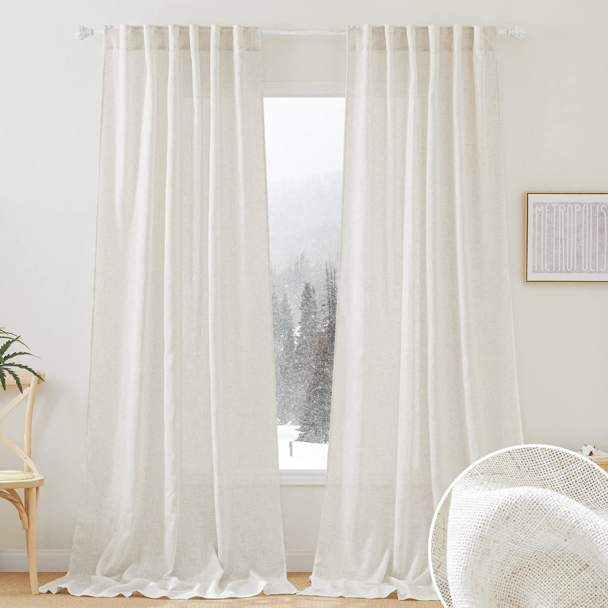 RYB HOME 108 inch Curtains - Flax Linen Blend Semi Sheer Light Glare Filtering Semi Sheer Drapes for Living Room Dining Doorway Farmhouse Office, Linen, Wide 52" by Long 108", 2 Panels RYB HOME