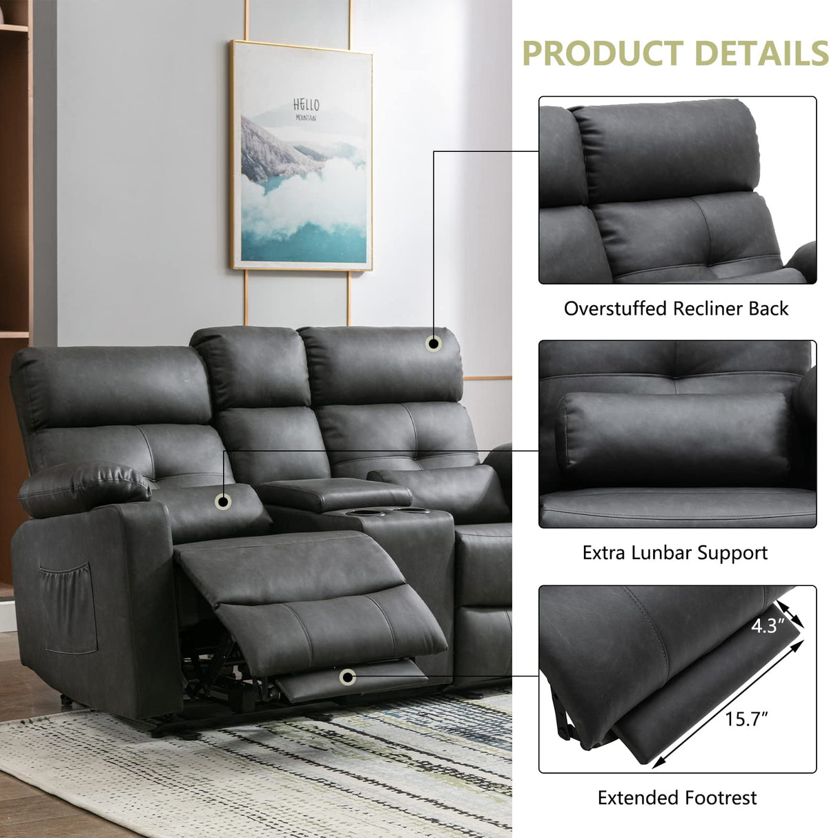Consofa Power Reclining Loveseat with Console, Power Loveseat Recliner Sofa with Heat and Massage, Extended Footrest, Loveseat Recliner with Cup Holders, Lumbar Support for Living Room, Home Theater Consofa