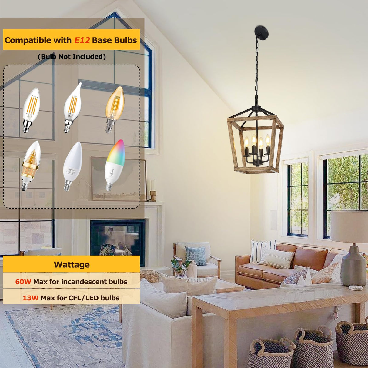 4 Light Farmhouse Chandelier, Rustic Ceiling Light Lantern Light Fixture with Wood Painted Metal Cage and Adjustable Chain, E12 Base Geometric Hanging Light Fixture for Entryway, Kitchen, Indoor Seaside village