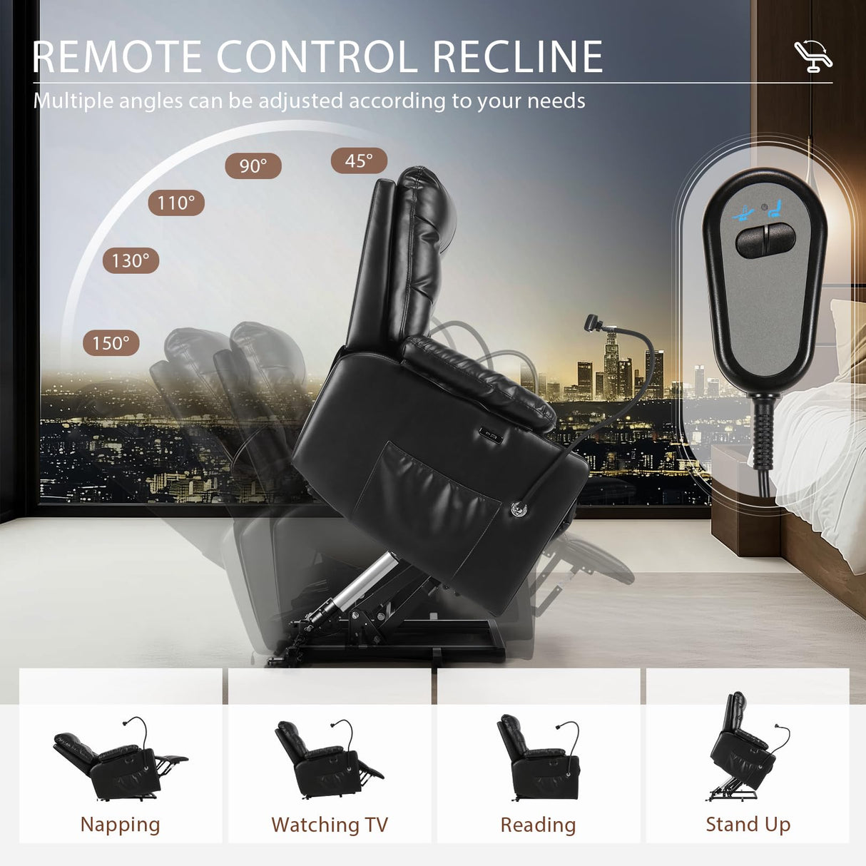 Himimi Power Lift Recliner Chair for Elderly, Adjustable Electric Recliner with 8-Point Vibration Massage, Lumbar Heating, Remote Control, Cup Holders, USB & Type-C Ports (Black) Himimi