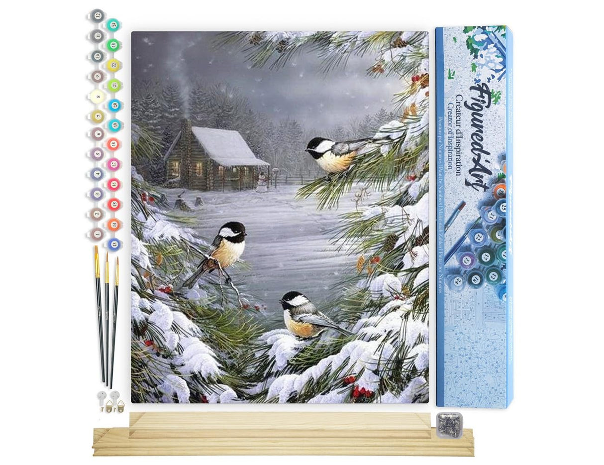 Figured'Art Paint by Numbers Kit for Adults Three Birds in The Snow 16"x20" - Craft Art Painting Rolled Canvas with DIY Wooden Frame Figured'Art