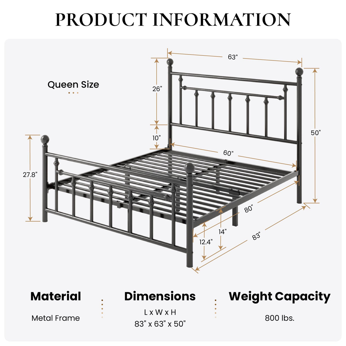 SHA CERLIN 14'' Queen Size Metal Platform Bed Frame/Victorian Headboard and Footboard/Steel Slats Mattress Foundation for Storage/No Box Spring Needed/Noise Free/Black SHA CERLIN