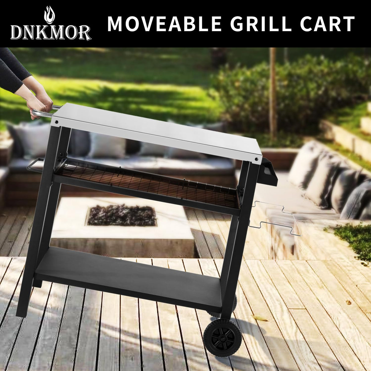 DNKMOR Dining Cart Table with Three Shelf, Movable Outdoor BBQ Grill Table Pizza Oven Stand with Three Hooks, Kitchen Cart Island Multifunctional Food Prep Table for Inside and Outside (Sliver) DNKMOR