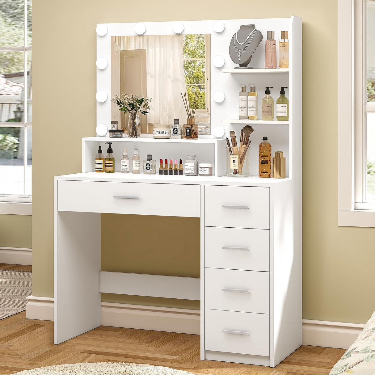 Quimoo Makeup Vanity Desk with Mirror & Lights, Vanity Desk with 5 Drawers & Storage Shelves, Vanity Table, 3 Color Modes & Adjustable Brightness Dressing Table, Bedroom Quimoo