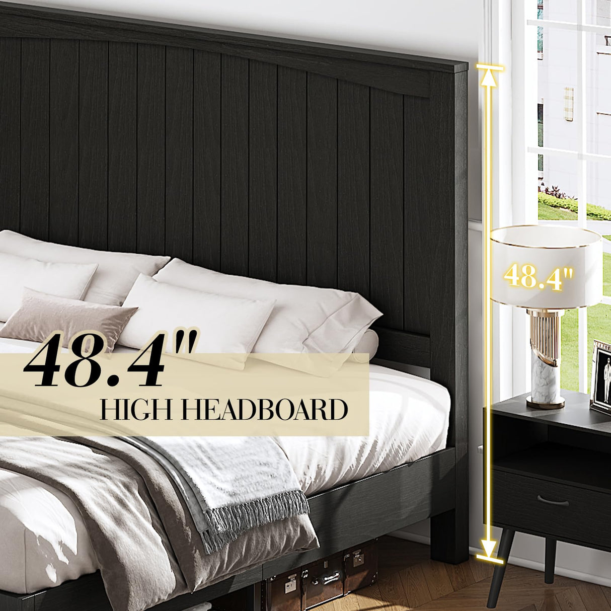 LUXOAK Queen Size Solid Wood Bed Frame with 48.4 inch Tall Headboard, Mid-Century Modern Platform Bed with Wooden Slats and Metal Frame. No Box Spring Needed, Easy Assembly, Black LUXOAK