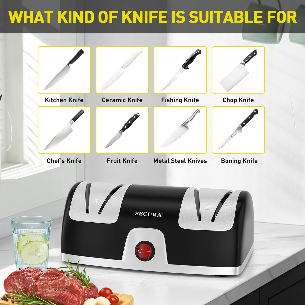 Secura 2-Stage Electric Knife Sharpener with Diamond Abrasives and Precision Angle Guides, Professional Sharpening Tool for Kitchen Straight Edge and Ceramic Knife, Black Secura