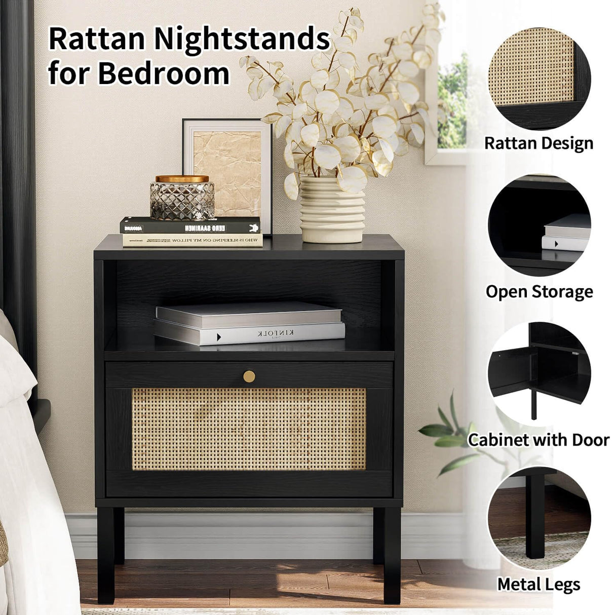 Angel Sar Rattan Night Stand Set 2, Boho Black Nightstands Set of 2, Bedside Table, End Table with Open Storage Space & Metal Legs, Bedroom Night Stand Wood Nightstand Angel Sar
