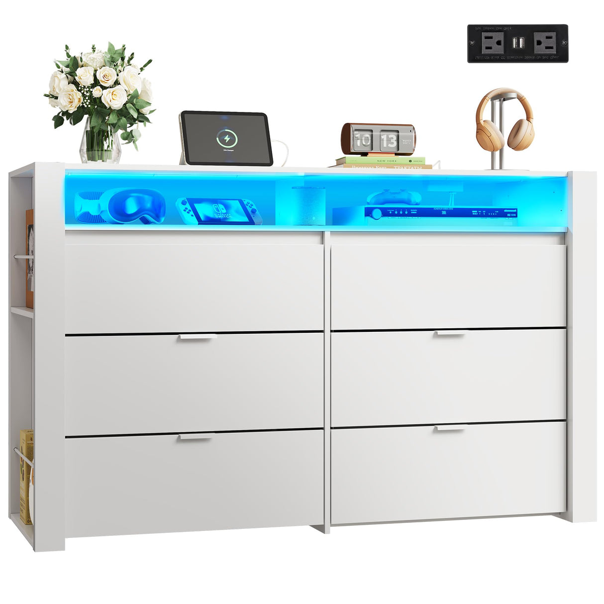 WLIVE 6 Drawer Led Dresser for Bedroom, 50.79'' White Wood Dresser Storage Organizer with Power Outlets for 55'' TV, Dressers with Open Shelves, Hanging Rack, Chest of Drawers for Closet, Living Room WLIVE