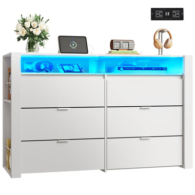 WLIVE 6 Drawer Led Dresser for Bedroom, 50.79'' White Wood Dresser Storage Organizer with Power Outlets for 55'' TV, Dressers with Open Shelves, Hanging Rack, Chest of Drawers for Closet, Living Room