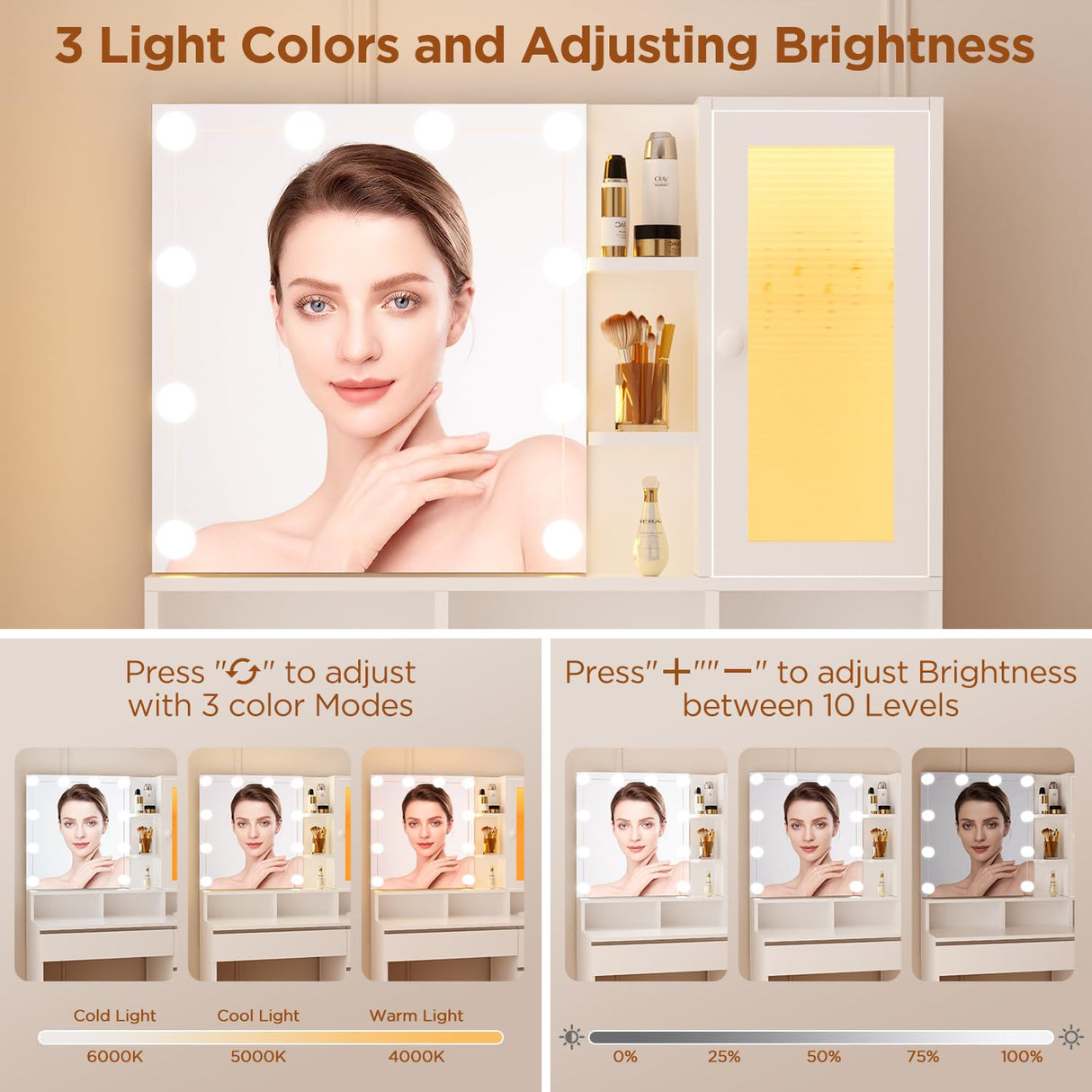 ERLEJIA Vanity, Vanity with Mirror and Lights, 35.43" Makeup Vanity Desk with Stool and Power Strip, Dressing Table with 6 Drawers and 6 Open Shelves with RGB LED Lighting Cabinet, White ERLEJIA