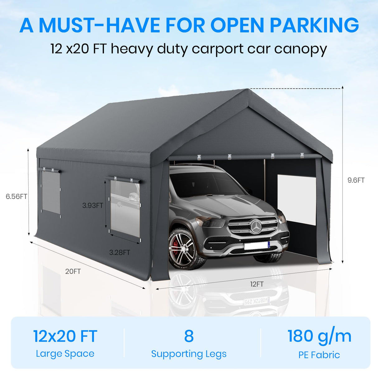 Carport 12x20 Heavy Duty Portable Garage,Carport Canopy with Roll-Up Windows & Doors,Portable Garage and Shelter with Removable Sidewalls,Car Tent Garage with All-Season Tarp for Truck Boat Tractor BUPPLEE