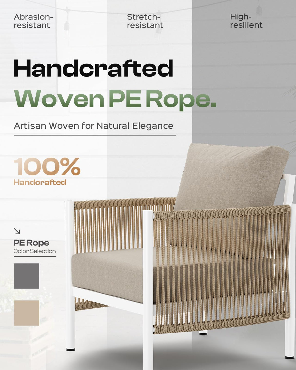 Oasbira Aluminum Outdoor Patio Furniture Set, HDPE Rope 5 Piece Modern Sectional Conversation Sets with Dual-Layer Coffee Table, All Weather Patio Couch Sofa with Thick Cushions, White Frame, Ivory Oasbira