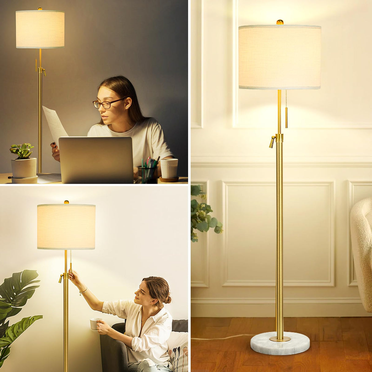 Modern Floor Lamp for Living Room, Adjustable Height Standing Lamp with Marble Base, 3-Way Dimmable Gold Brass Tall Pole Light with White Linen Shade for Reading, Bedroom, Chain Switch, Bulb Included Qingmiao
