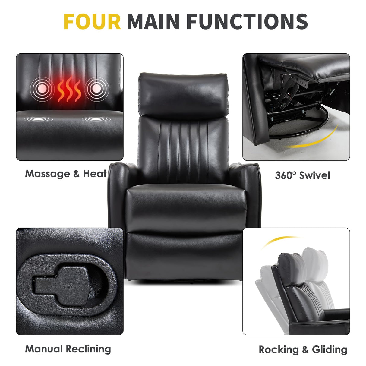 Trustyue Swivel Rocker Recliner Chair, 360° Swivel Recliner with Heat and Massage, Rocker Recliner Nursery Glider Chair with Side Pockets for Living Room (Black, Faux Leather) Trustyue