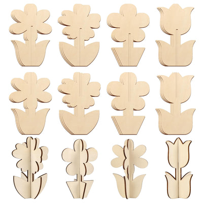 COCHIE DIY 3D Flower Spring Wood Crafts to Paint for Kids Adults, Paintable Unfinished Wooden Slices for Craft, Flowers Cutouts Ornaments for Painting Decorations (24 PCS)