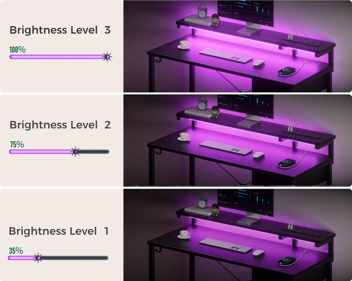 AODK Gaming Desk with LED Lights & Power Outlet, 40 Inch Computer Desk with Drawer, Reversible Desk with Adjustable Monitor Shelf & Headphone Hook for Home Office, Black AODK