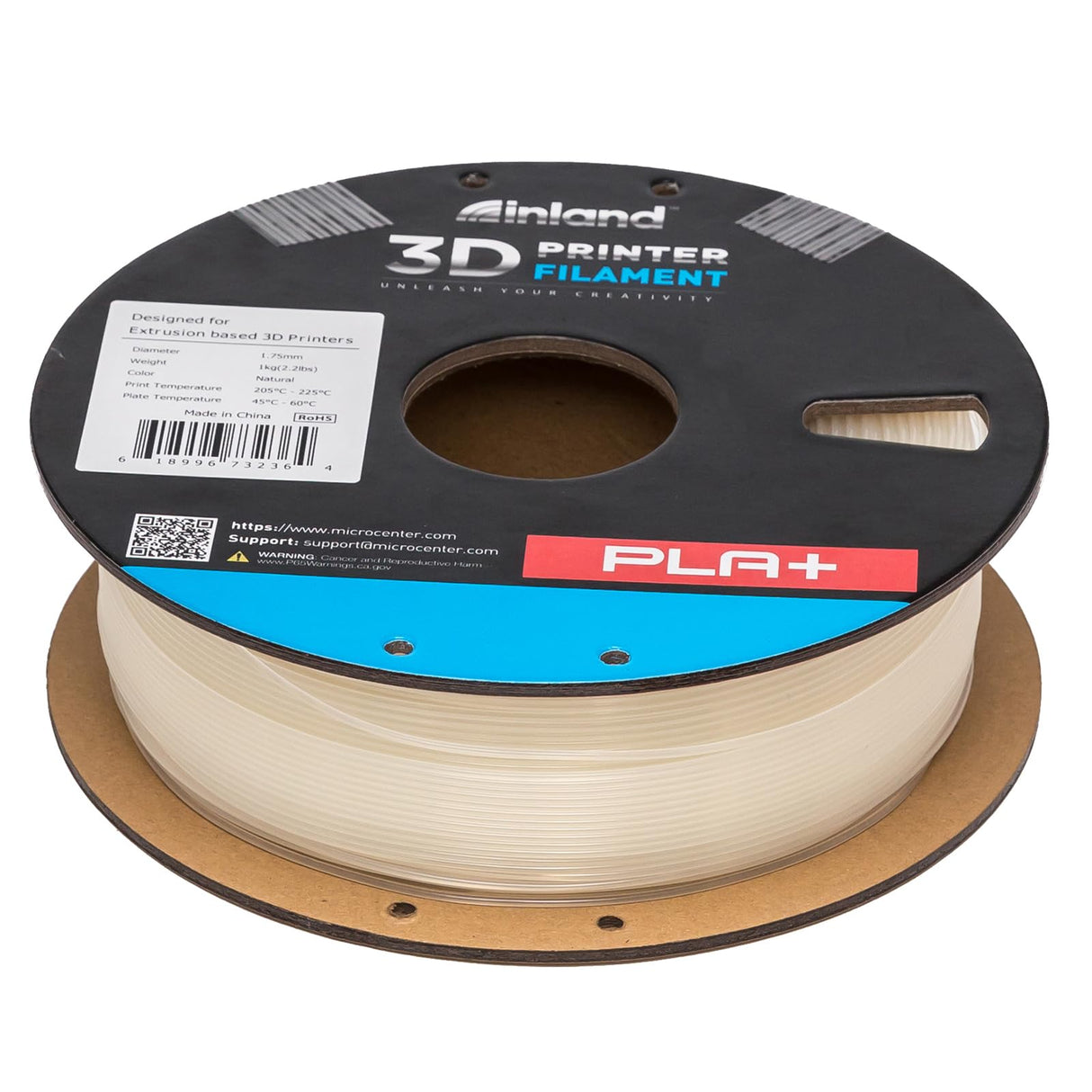 INLAND Micro Center PLA+ 3D Printing Filament 1.75mm - Natural PLA Plus 3D Printer Filament - PLA Pro Dimensional Accuracy +/- 0.03 mm - 1 kg Cardboard Spool (2.2 lbs) INLAND