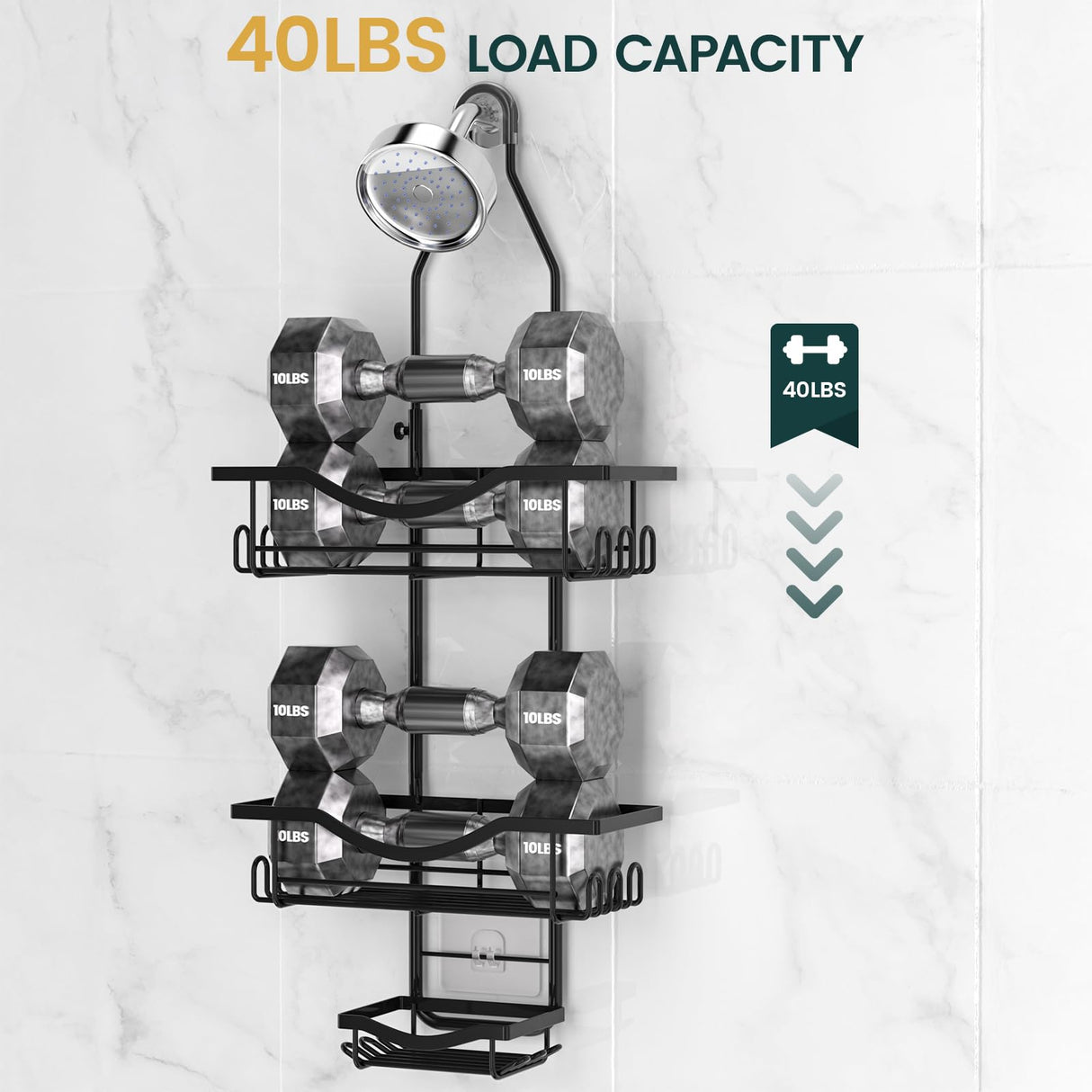 Shower Caddy Hanging Adjustable Shower Caddy, Rustproof Shower Organizer Extended Length Shower Caddy Over Shower Head with Hooks Soap Holder, Large Capacity Anti-Swing Bathroom Organizer, Black REINHARDT