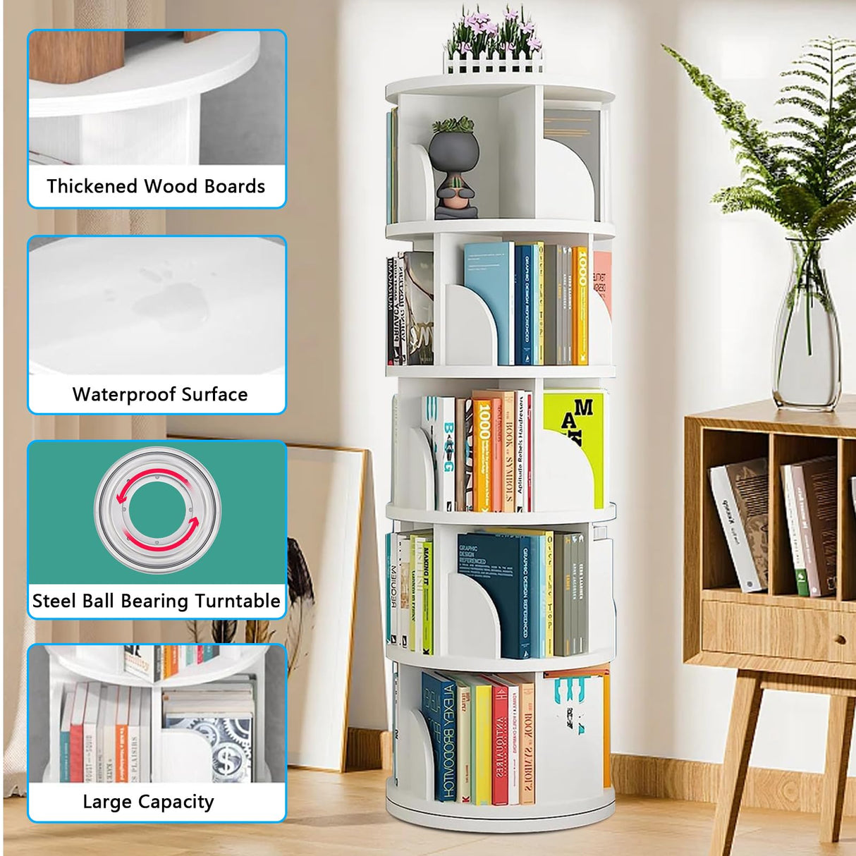 Rotating 5-Tier Bookshelf Tower for Small Spaces - 360° Display Bookcase Ideal for Kids and Adults LIGEAROW