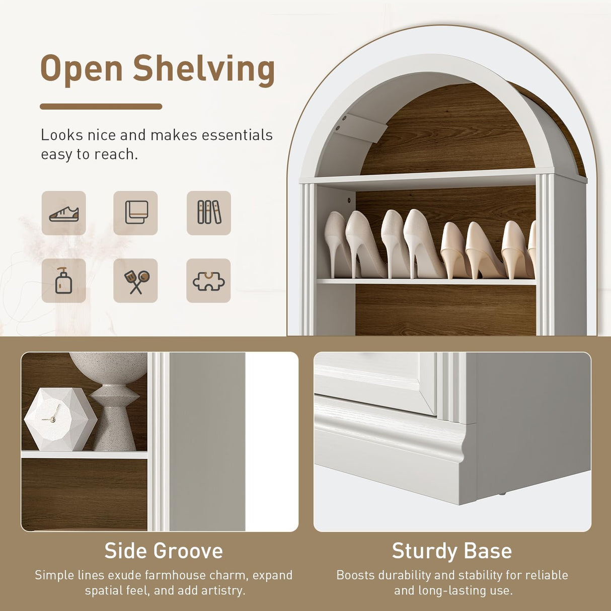 RALGEND Farmhouse Arched Bookshelf, 7 Tiers Arch Bookcase with 2 Spacious Drawers, Modern Book Shelf with Open Display Shelves and Storage Cabinet, for Office, Living Room, Kitchen, Walnut and White RALGEND