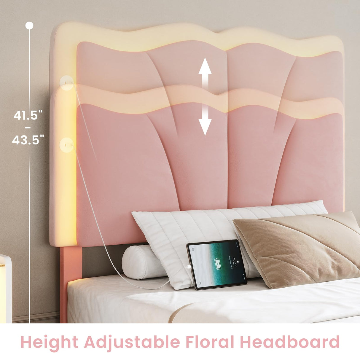 MSmask Twin Bed Frames with 4 Storage Drawers and LED Lights, Velvet Upholstered Platform Bed Frame with Height Adjustable Headboard, LED Bed Frame with Type C & USB, No Box Spring Needed, Pink MSmask