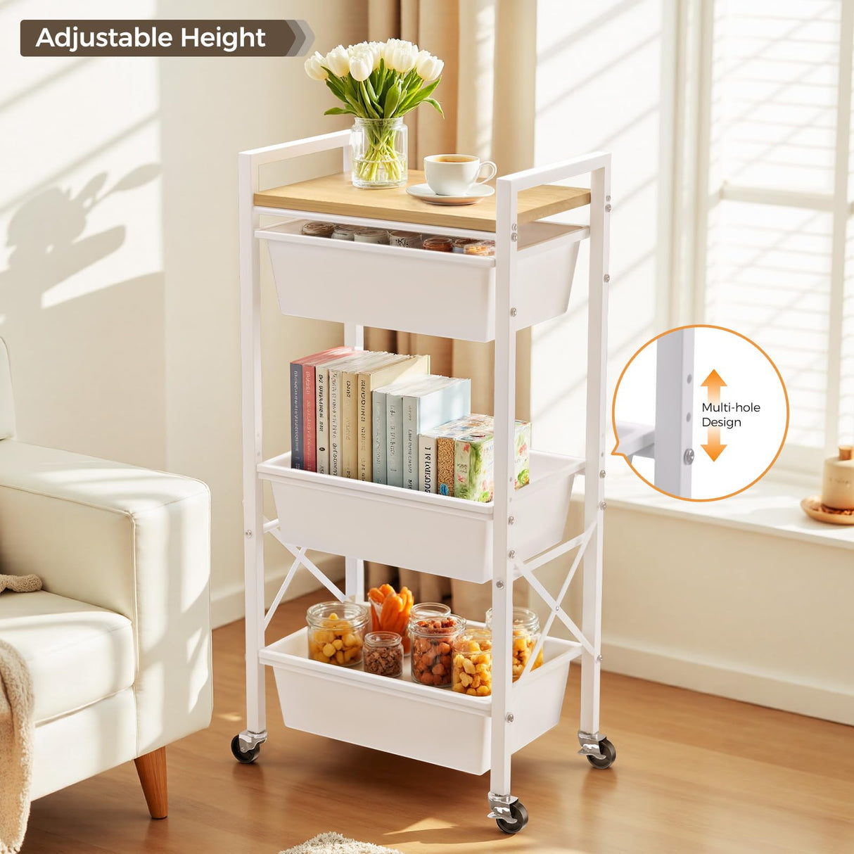 3 Tier Rolling Utility Cart with Drawer, Plastic Drawer Storage Snack Craft Book Cart with Lockable Wheels & Wood Tabletop, Metal Shelf Storage Organizer Cart for Kitchen, Bedroom, Office, White Time Forest