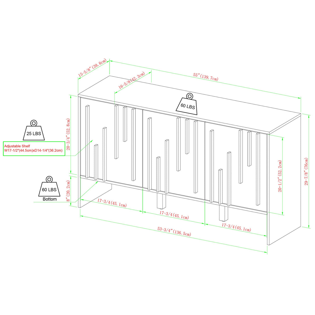 Walker Edison Contemporary Detailed 3-Door Sideboard, 55 Inch, Black Walker Edison