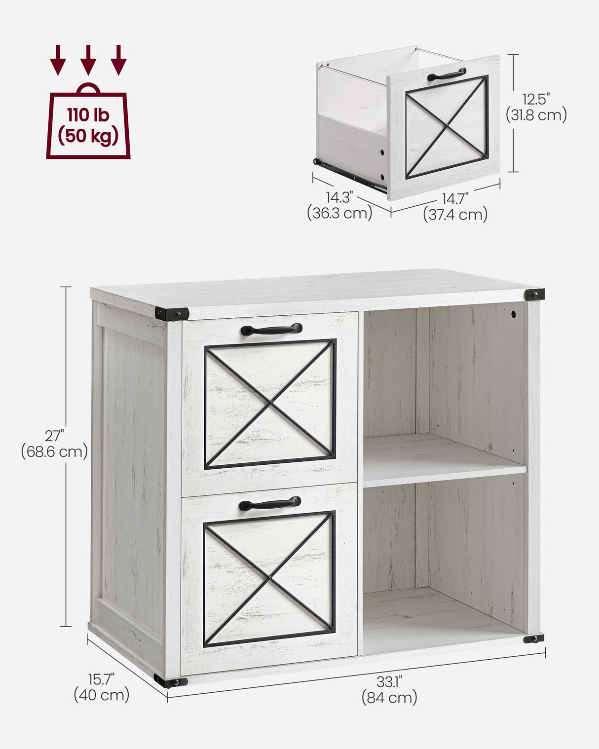 VASAGLE Lateral File Cabinet, Filing Cabinet with 2 Drawers, Printer Stand, 2 Open Compartments, Fit A4, Letter Size, Hanging File Folders, for Home Office, Farmhouse Style, Rustic White UOFC049T73 VASAGLE