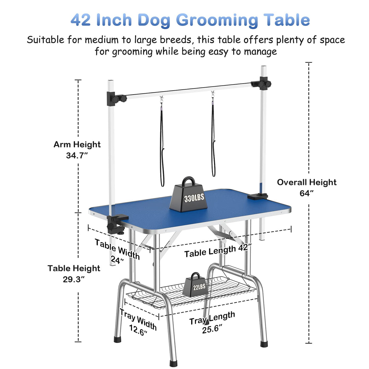 APRILSOUL 42 Inch Pet Grooming Table for Medium Dogs,Adjustable Height,Foldable,Anti-Slip Surface,with Arms, Nooses, Mesh Tray APRILSOUL