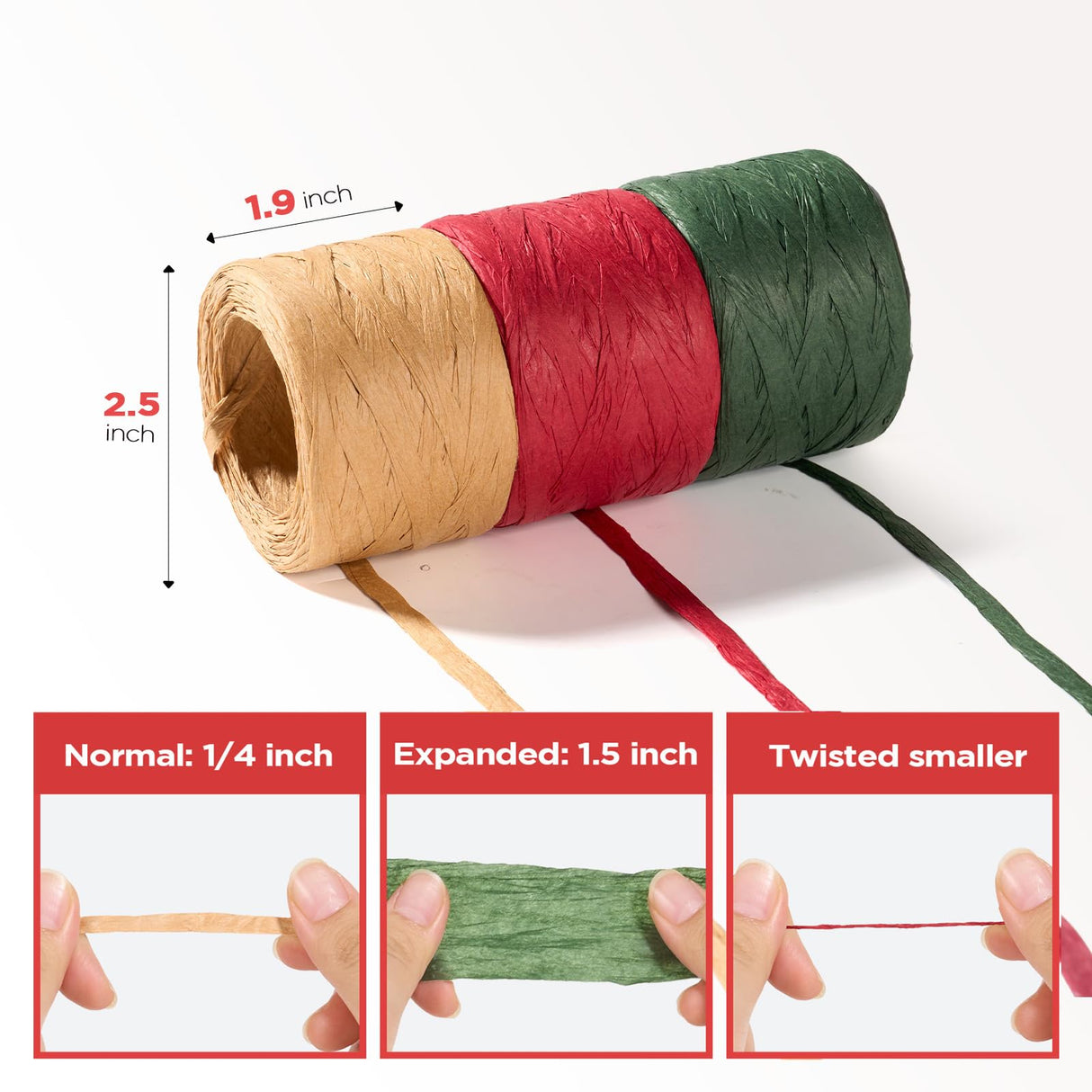 Sooez 3 Rolls Raffia Ribbon Twine String, 540 Feet Christmas Wrapping Paper for Crafts, Red Green Natural Christmas Ribbon for Gift Wrapping, Raffia Yarn for Holiday DIY Supply, 180 Feet Each Roll Sooez