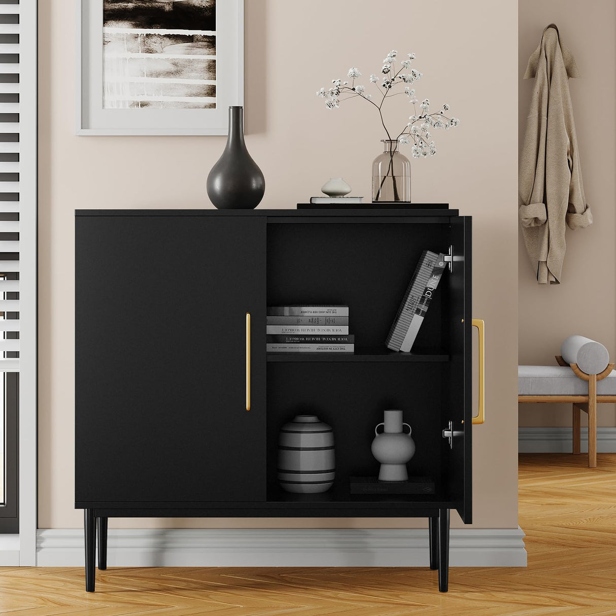 REHOOPEX Storage Cabinet with Doors, Modern Black Accent Cabinet, Free Standing Cabinet, Wooden Buffet Sideboards for Bedroom, Kitchen,Home Office REHOOPEX
