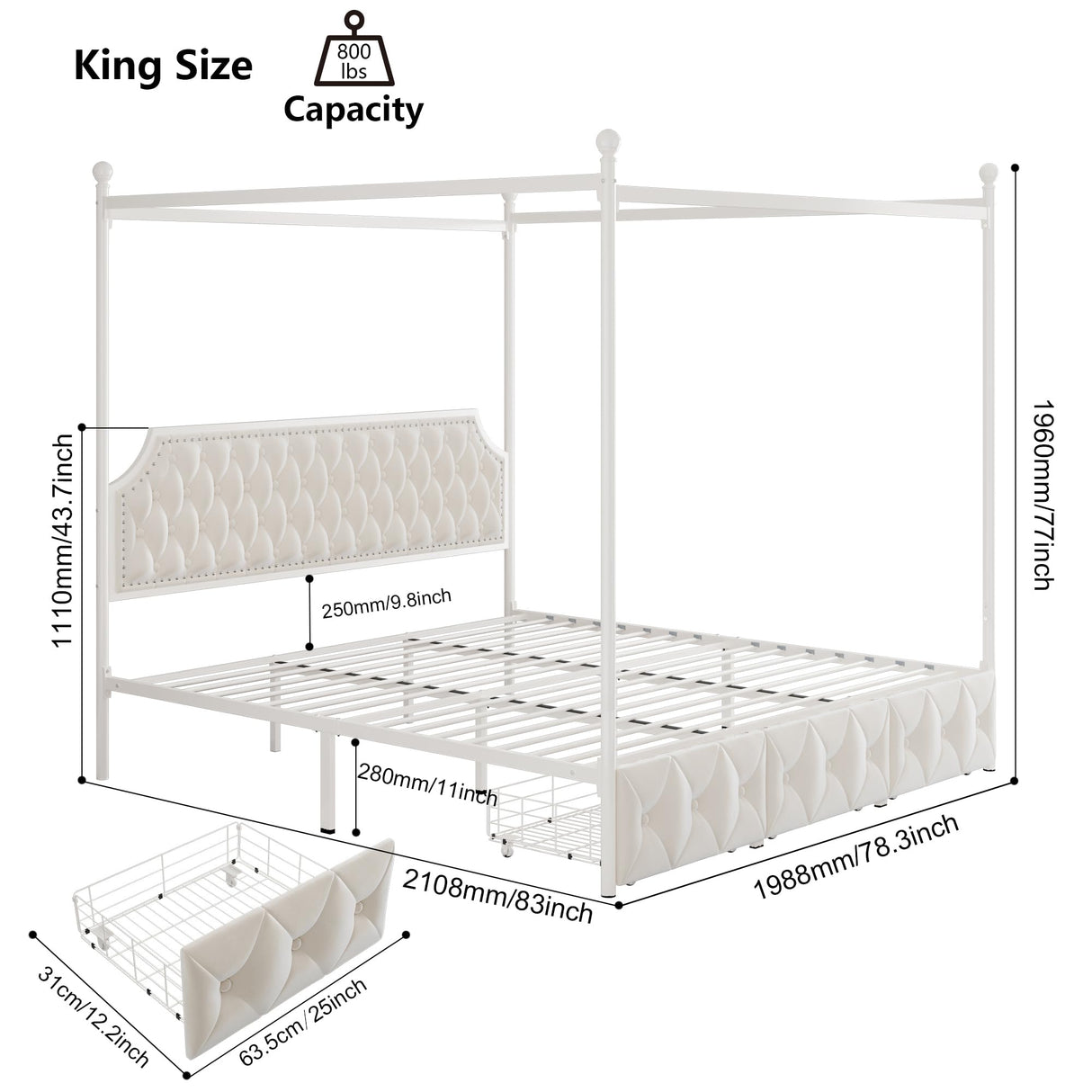 Keyluv King Upholstered Canopy Bed Frame with 3 Drawers and Button Tufted Headboard, Metal Platform Bed with 4 Removable Posts, Two-Purpose Velvet Bed No Box Spring Needed, Beige/Curtains Not Included Keyluv