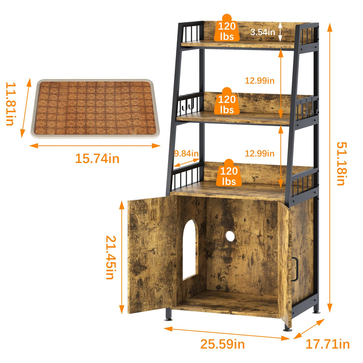 Katrawu Litter Box Enclosure with Shelves, Hidden Cat Enclosure Furniture,2-in-1 Tall Cat Litter Box Cabinet,Cat Washroom with Free Cat Scratch Pad,Rustic Brown 52in H Katrawu