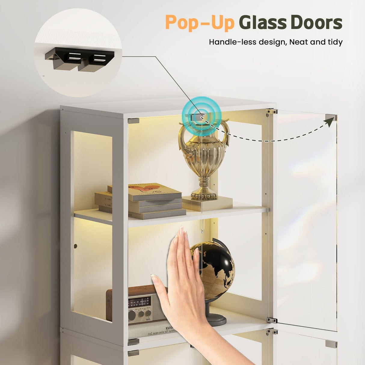 Lamtor Display Cabinet with Glass Doors - 67" Curio Cabinet with RGB LED Lights and Drawer for Collectibles, 4 Tier Glass Display Case for Living Room, Office, White (Narrow) Lamtor