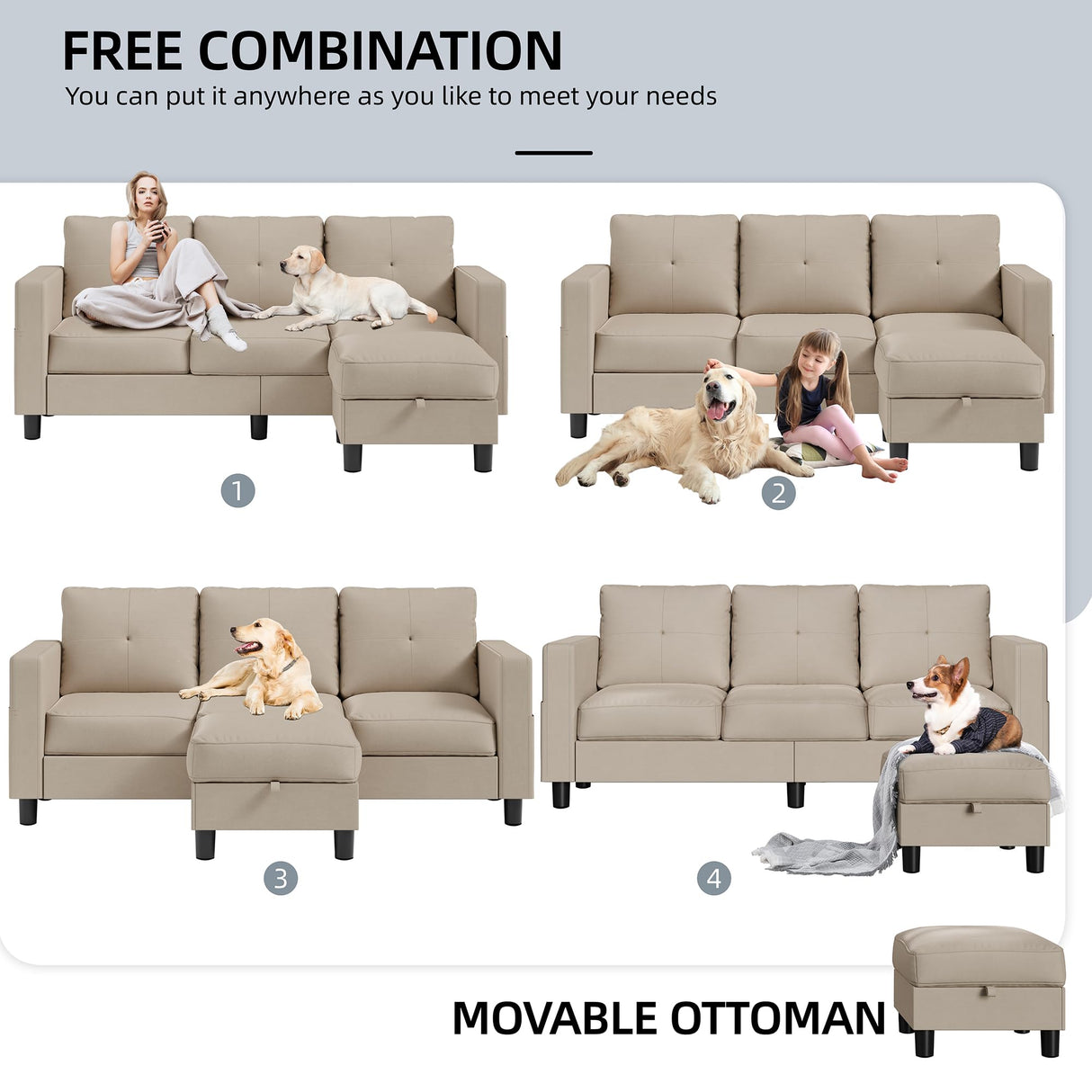 Shintenchi Convertible Sectional Sofa Couch, Modern Linen Fabric L-Shaped Couch 3-Seat Sofa Sectional with Reversible Chaise for Small Living Room, Apartment and Small Space (Light Brown) Shintenchi