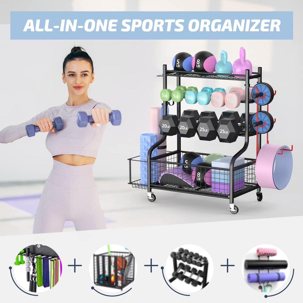 PLKOW Dumbbell Weight Rack, Home Gym Storage for Kettlebells Yoga Mat and Balls, All in One Workout Storage with Wheels and Hooks, Powder Coated Finish Steel PLKOW
