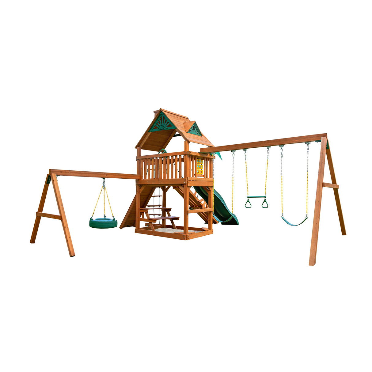 Gorilla Playsets 01-0004-AP Frontier Wood Swing Set with Wood Roof, Tire Swing, Two Belt Swings, Picnic Table, Sandbox, Rock Climbing Wall, Amber Gorilla Playsets