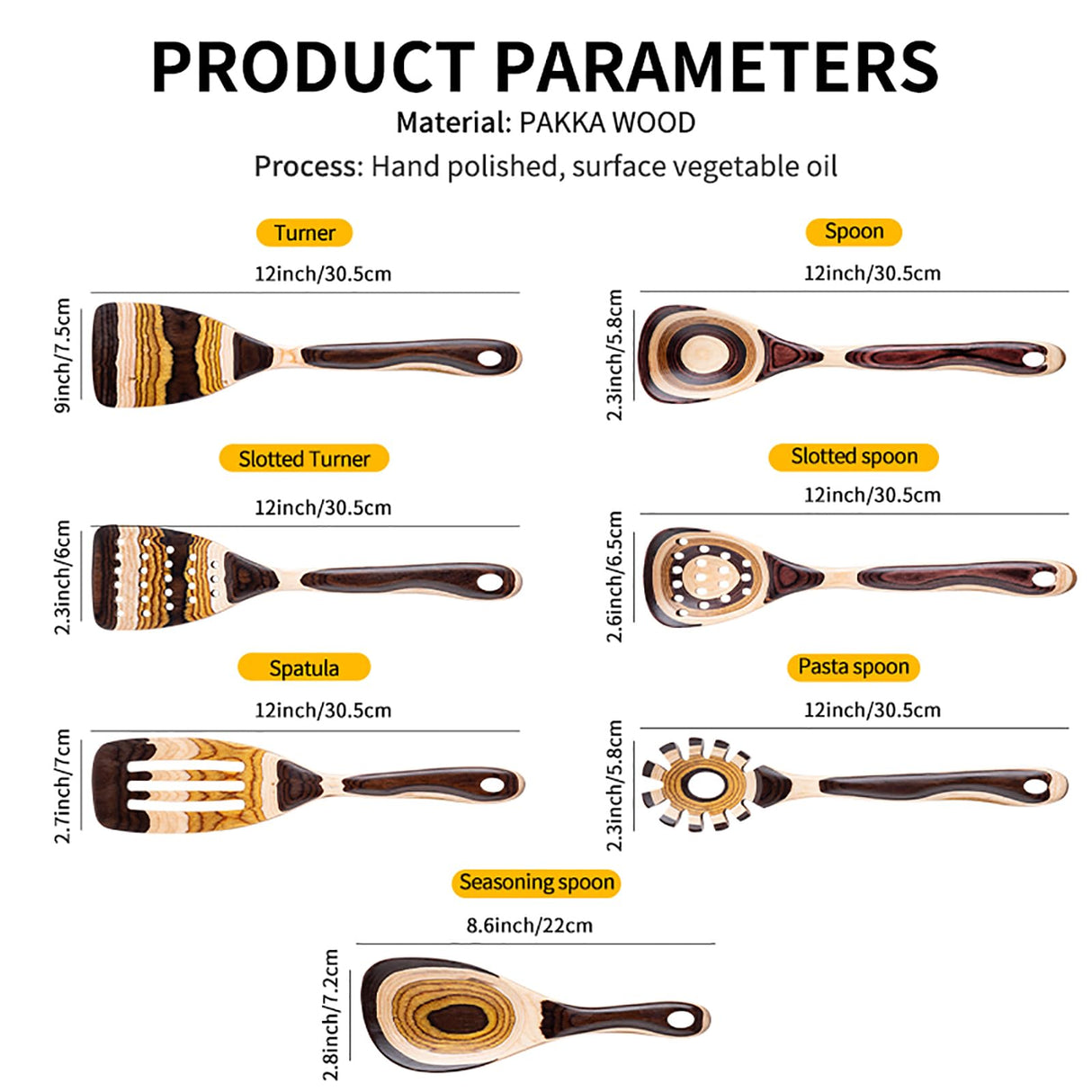 Gudamaye 7-Piece Brown Pakkawood Utensils Set – Sturdy, Eco-Friendly, Wooden Spoons for cooking, Wooden Utensil for cooking, Wooden Kitchen Tool, Home & Kitchen Gifts for Men and Women Gudamaye