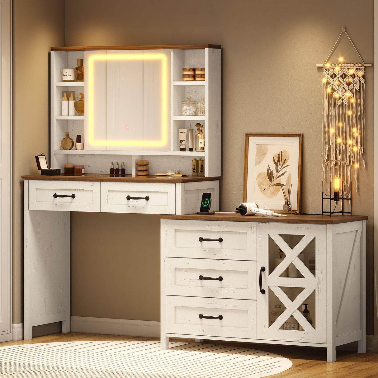 BTHFST Farmhouse Vanity with Glass Top & Charging Station, Vanity Desk with Touch Screen Mirror and Lights, Makeup Vanity with 5 Drawers & Shelves & Cabinet, Antique White BTHFST