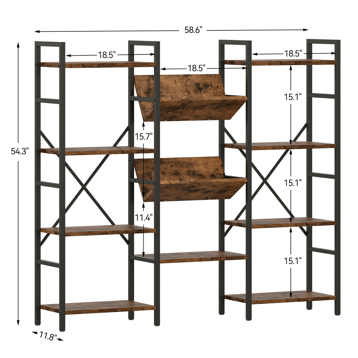 GAOMON Triple Wide 4 Tier Book Shelf, 54.3” Large Bookcase with 11 Open Shelves, Industrial Bookshelves and Bookcases with Metal Frame for Home Office, Study Room, Living Room-Rustic Brown GAOMON