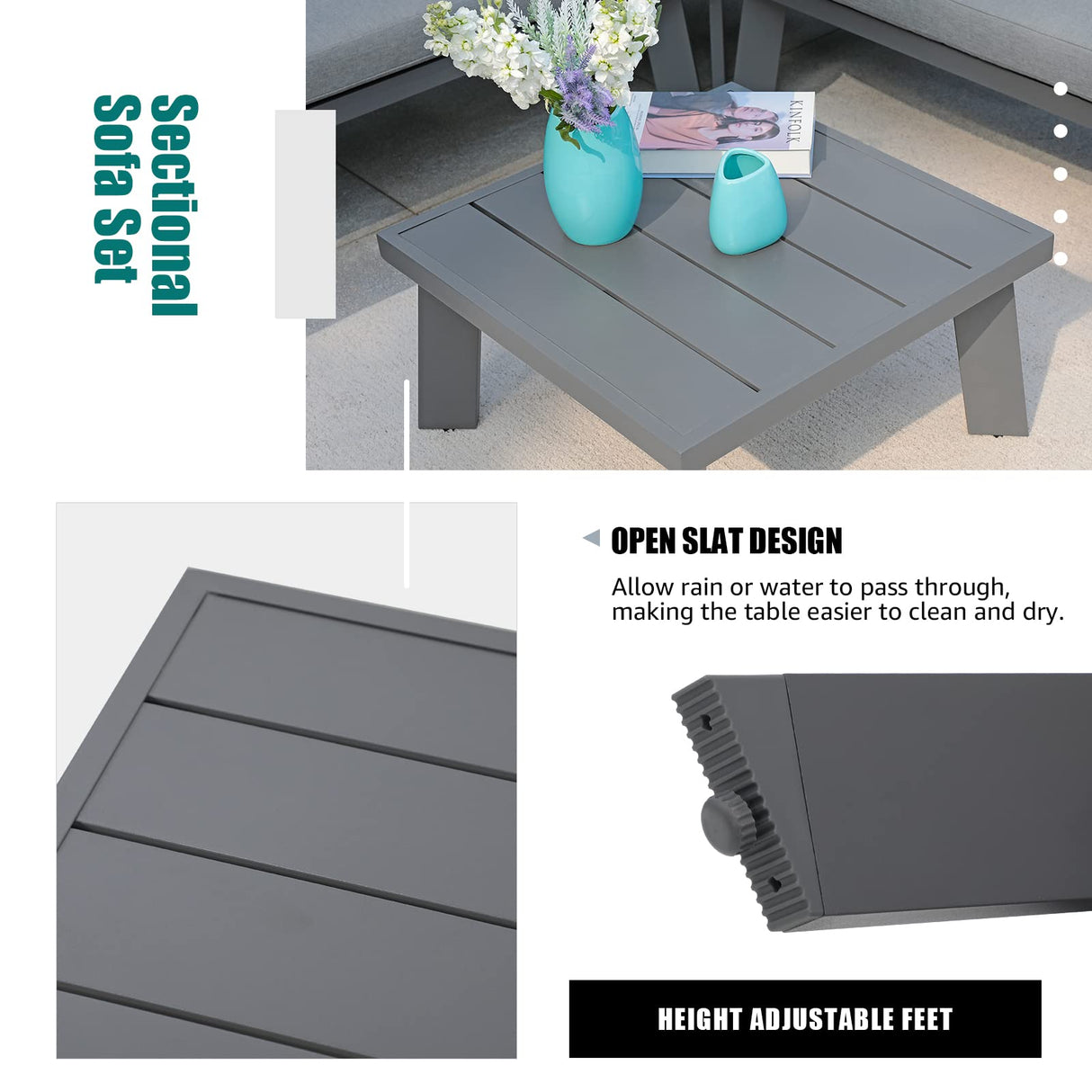 Soleil Jardin 4-Piece Outdoor Patio Furniture Set L-Shaped Aluminum Sectional Sofa with Coffee Table All-Weather Patio Conversation Set with Cushions, Dark-Grey Soleil Jardin