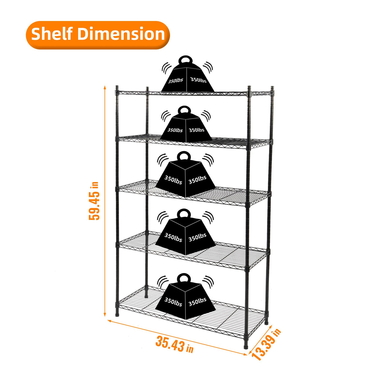 Elevon 5-Tier Storage Shelves, Adjustable Metal Wire Shelving Unit with Leveling Feet Heavy Duty Pantry Shelves Organizer Rack for Kitchen Garage Laundry Office Warehouse, 35"L x13.4"W x64.3"H, Black Elevon