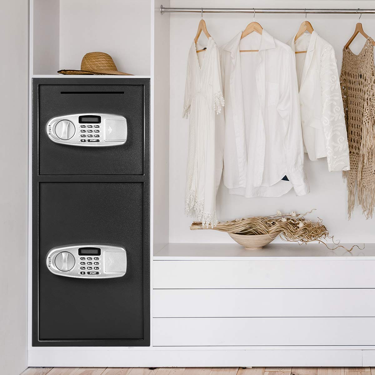 S AFSTAR Digital Safe Box, Double Door Security Depository Drop Box, Drop Slot Safes with Separate Keypad and Emergency Keys for Gun Cash Jewelry Document, 14 x 12 x 31.5 Inches, Black S AFSTAR