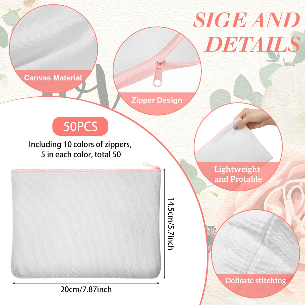 50 Pieces Sublimation Blank Canvas Makeup Bags Bulk Blank DIY Heat Transfer Cosmetic Makeup Bags Canvas Pen Case Pencil Bags Clear Sublimation Blank Pouch with Zipper (Mixed Colors,7.87 x 5.7 Inch) Frienda